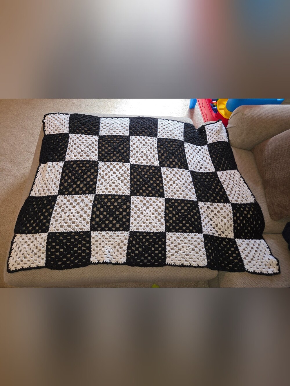 Handmade Crochet Checkerboard Blanket Black White Classic Granny Square Afghan
